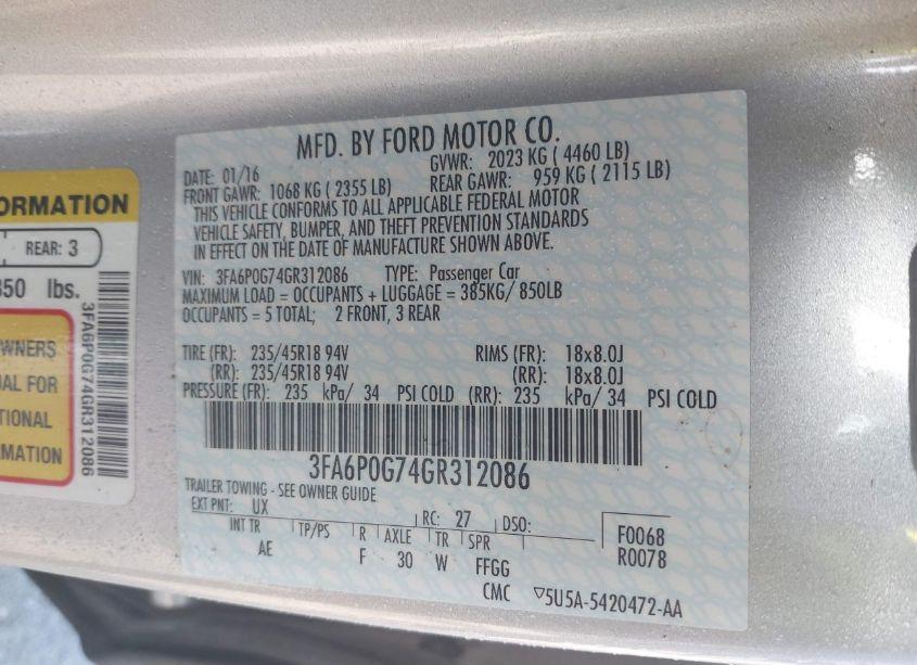 Photo 9 of 2016 Ford Fusion S (VIN 3FA6P0G74GR312086)