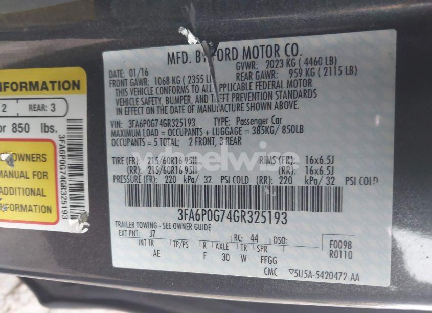 Photo 9 of 2016 Ford Fusion S (VIN 3FA6P0G74GR325193)