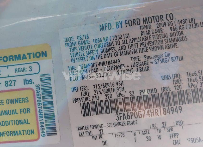 Photo 9 of 2017 Ford Fusion S (VIN 3FA6P0G74HR184949)