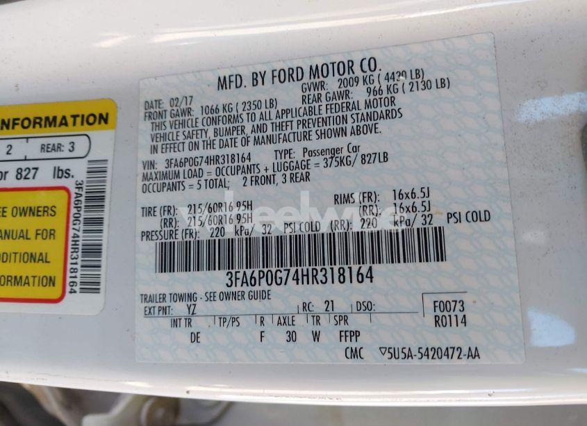 Photo 9 of 2017 Ford Fusion S (VIN 3FA6P0G74HR318164)