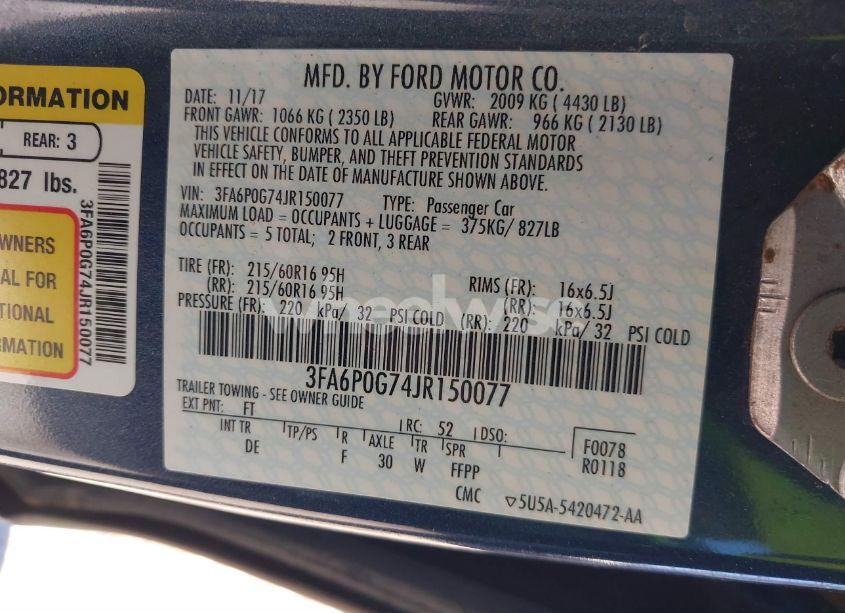 Photo 9 of 2018 Ford Fusion S (VIN 3FA6P0G74JR150077)