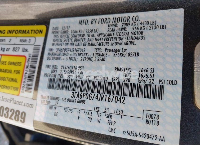 Photo 9 of 2018 Ford Fusion S (VIN 3FA6P0G74JR167042)