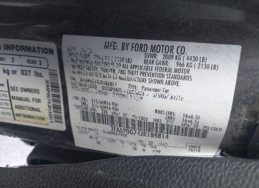 Photo 9 of 2018 Ford Fusion S (VIN 3FA6P0G74JR188814)