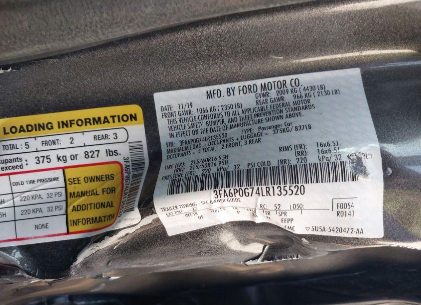 Photo 9 of 2020 Ford Fusion S (VIN 3FA6P0G74LR135520)