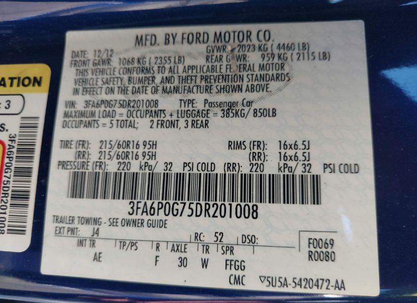 Photo 9 of 2013 Ford Fusion S (VIN 3FA6P0G75DR201008)