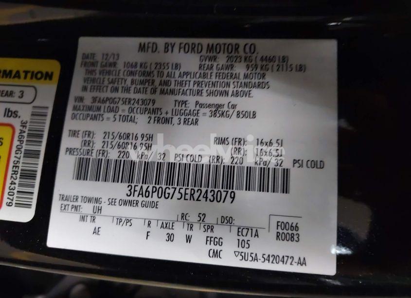 Photo 9 of 2014 Ford Fusion S (VIN 3FA6P0G75ER243079)