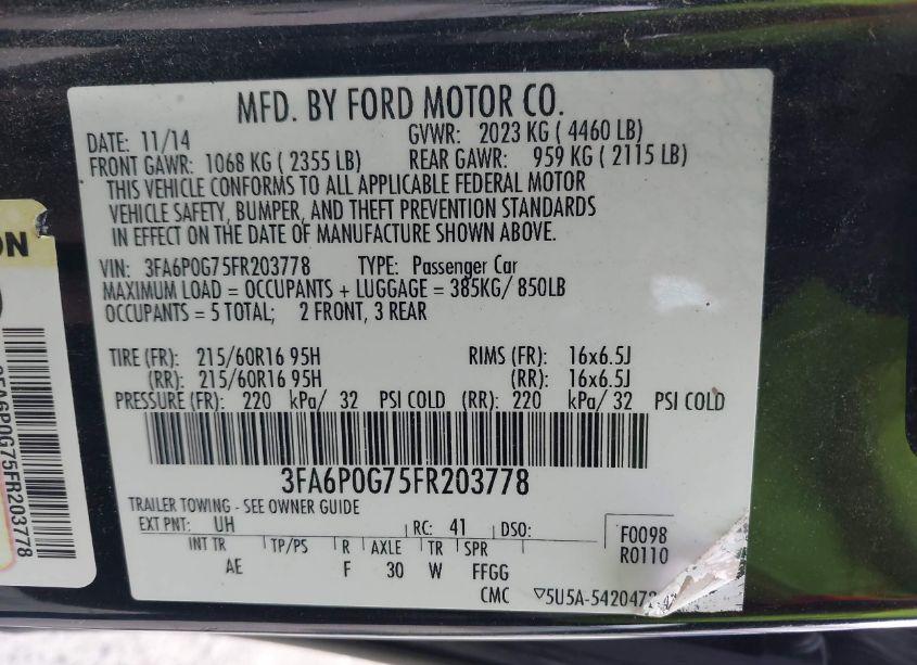 Photo 9 of 2015 Ford Fusion S (VIN 3FA6P0G75FR203778)