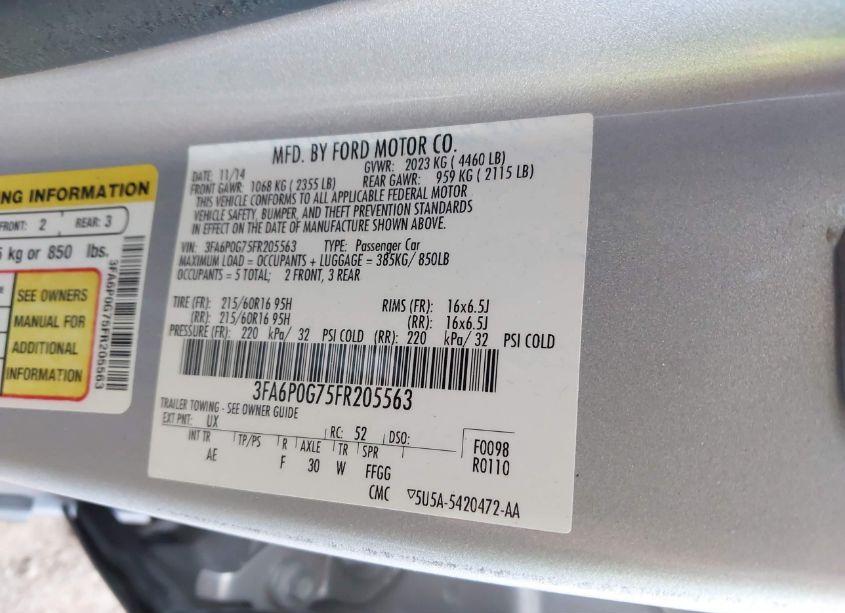 Photo 9 of 2015 Ford Fusion S (VIN 3FA6P0G75FR205563)