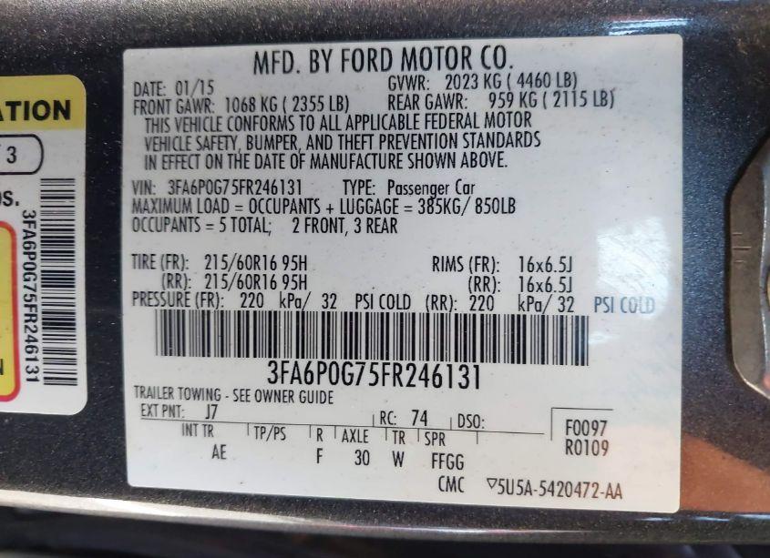 Photo 9 of 2015 Ford Fusion S (VIN 3FA6P0G75FR246131)
