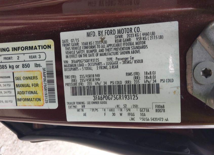 Photo 9 of 2016 Ford Fusion S (VIN 3FA6P0G75GR193125)