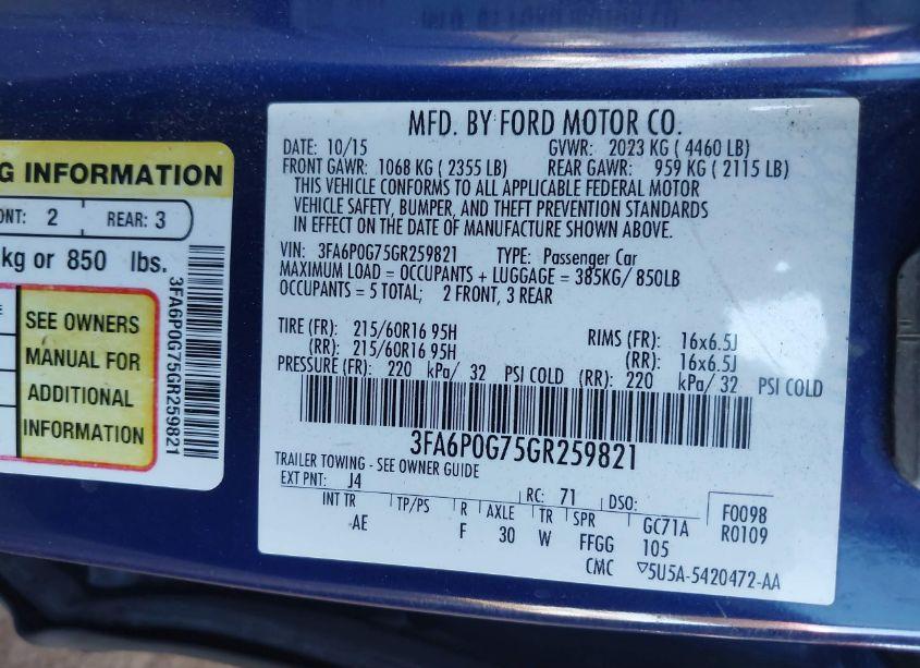 Photo 9 of 2016 Ford Fusion S (VIN 3FA6P0G75GR259821)