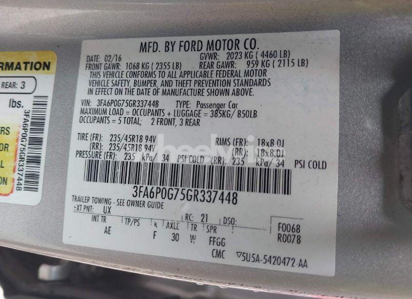 Photo 9 of 2016 Ford Fusion S (VIN 3FA6P0G75GR337448)