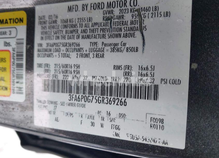 Photo 9 of 2016 Ford Fusion S (VIN 3FA6P0G75GR369266)