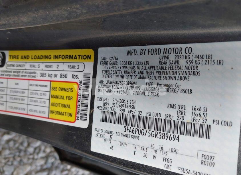 Photo 9 of 2016 Ford Fusion S (VIN 3FA6P0G75GR389694)