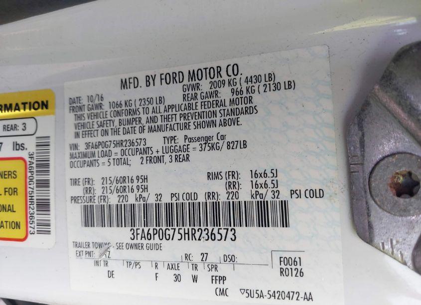 Photo 9 of 2017 Ford Fusion S (VIN 3FA6P0G75HR236573)