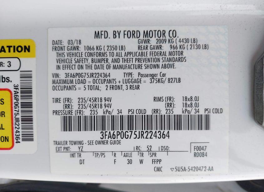 Photo 9 of 2018 Ford Fusion S (VIN 3FA6P0G75JR224364)