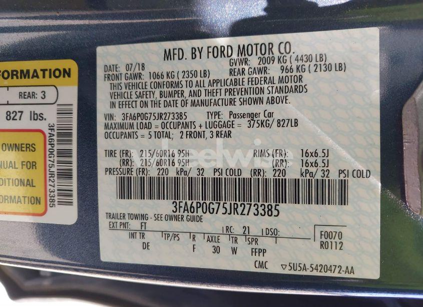 Photo 9 of 2018 Ford Fusion S (VIN 3FA6P0G75JR273385)