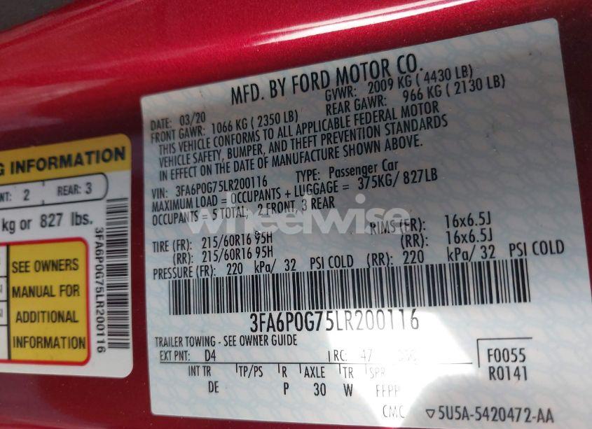 Photo 9 of 2020 Ford Fusion S (VIN 3FA6P0G75LR200116)