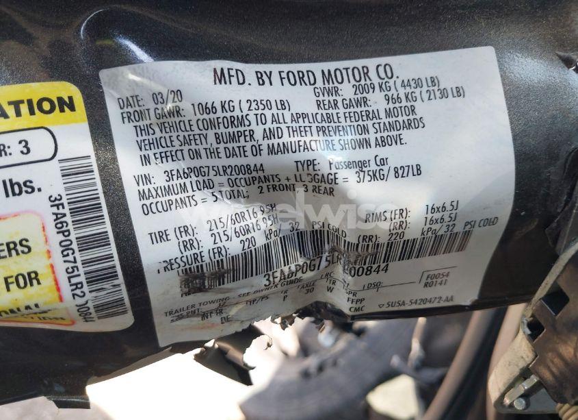 Photo 9 of 2020 Ford Fusion S (VIN 3FA6P0G75LR200844)