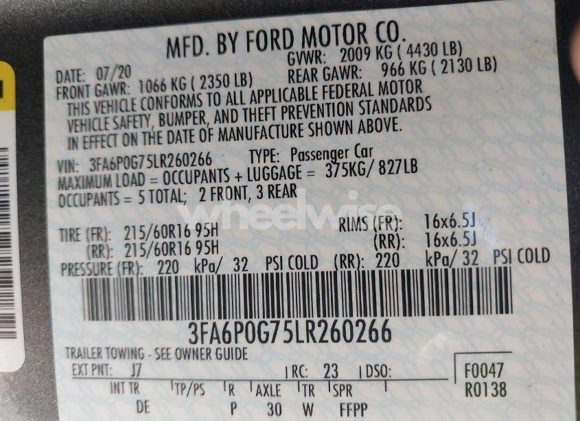 Photo 9 of 2020 Ford Fusion S (VIN 3FA6P0G75LR260266)