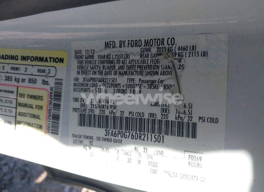 Photo 9 of 2013 Ford Fusion S (VIN 3FA6P0G76DR211501)