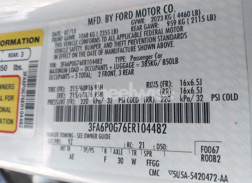 Photo 9 of 2014 Ford Fusion S (VIN 3FA6P0G76ER104482)