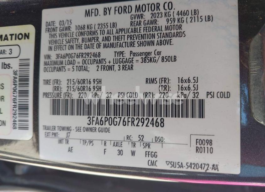 Photo 9 of 2015 Ford Fusion S (VIN 3FA6P0G76FR292468)
