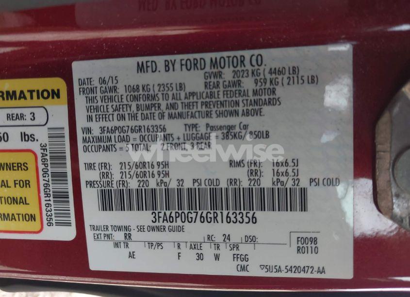 Photo 9 of 2016 Ford Fusion S (VIN 3FA6P0G76GR163356)