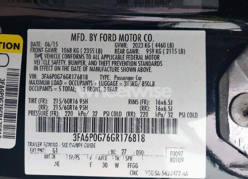 Photo 9 of 2016 Ford Fusion S (VIN 3FA6P0G76GR176818)