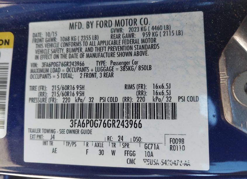 Photo 9 of 2016 Ford Fusion S (VIN 3FA6P0G76GR243966)