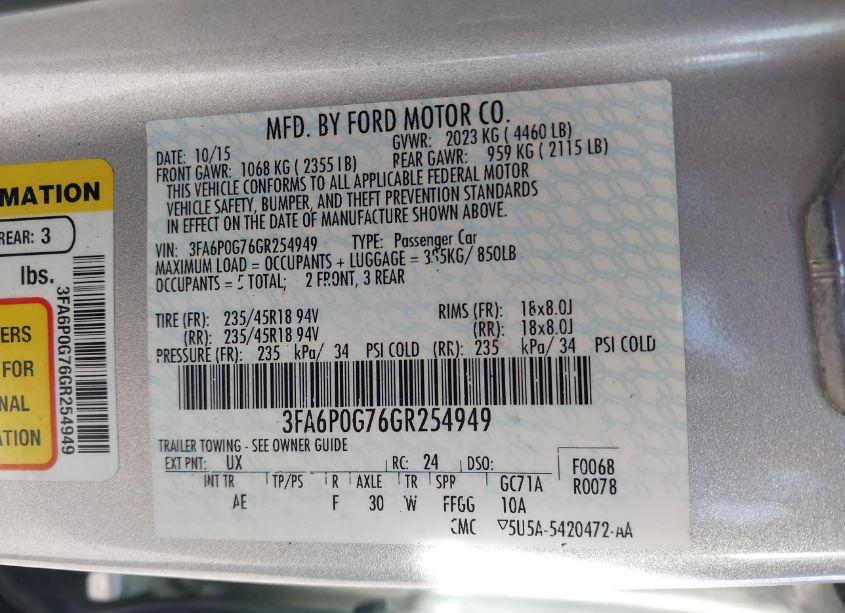 Photo 9 of 2016 Ford Fusion S (VIN 3FA6P0G76GR254949)