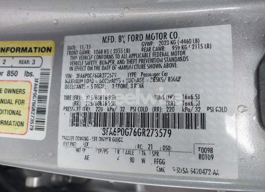 Photo 9 of 2016 Ford Fusion S (VIN 3FA6P0G76GR273579)