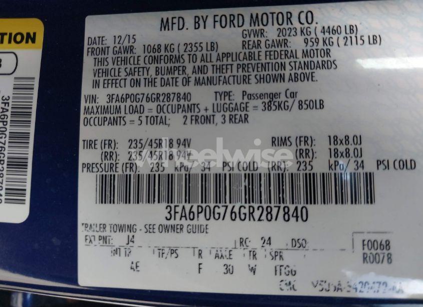 Photo 9 of 2016 Ford Fusion S (VIN 3FA6P0G76GR287840)