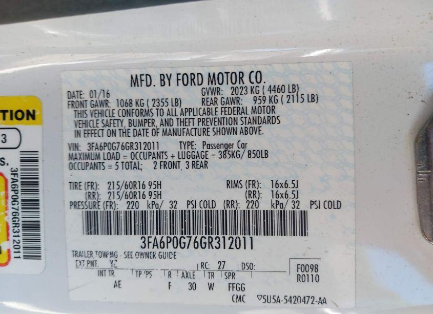 Photo 9 of 2016 Ford Fusion S (VIN 3FA6P0G76GR312011)