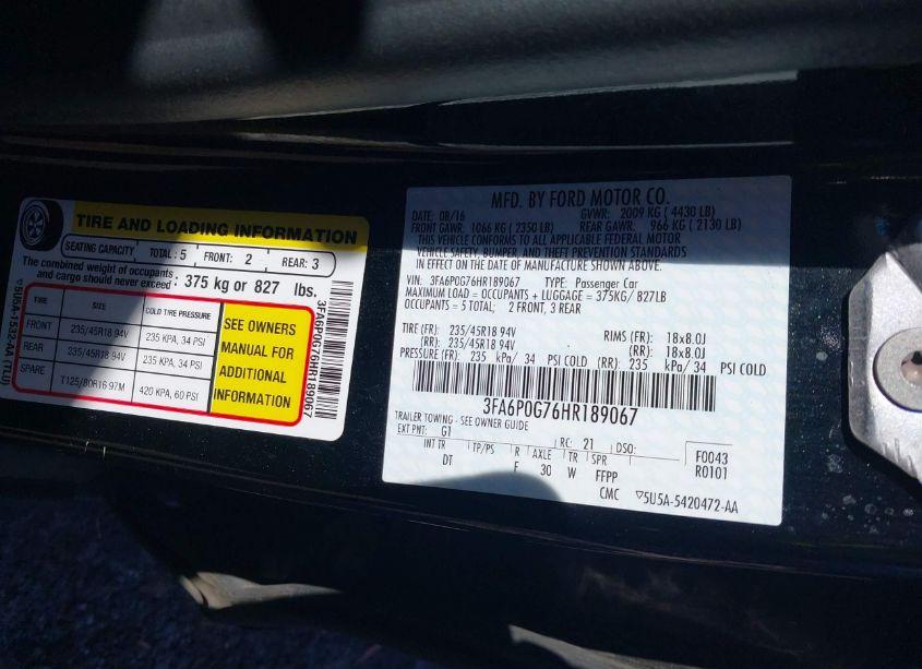 Photo 9 of 2017 Ford Fusion S (VIN 3FA6P0G76HR189067)