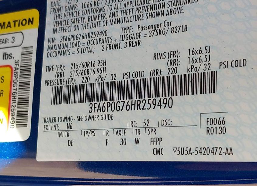 Photo 8 of 2017 Ford Fusion S (VIN 3FA6P0G76HR259490)