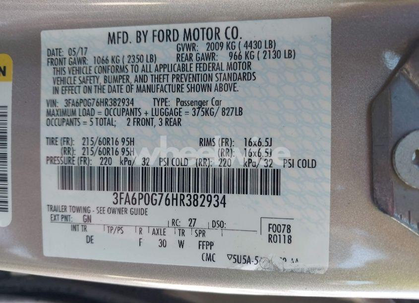 Photo 9 of 2017 Ford Fusion S (VIN 3FA6P0G76HR382934)