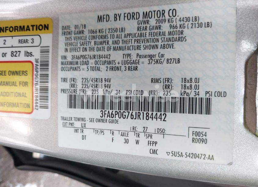 Photo 9 of 2018 Ford Fusion S (VIN 3FA6P0G76JR184442)