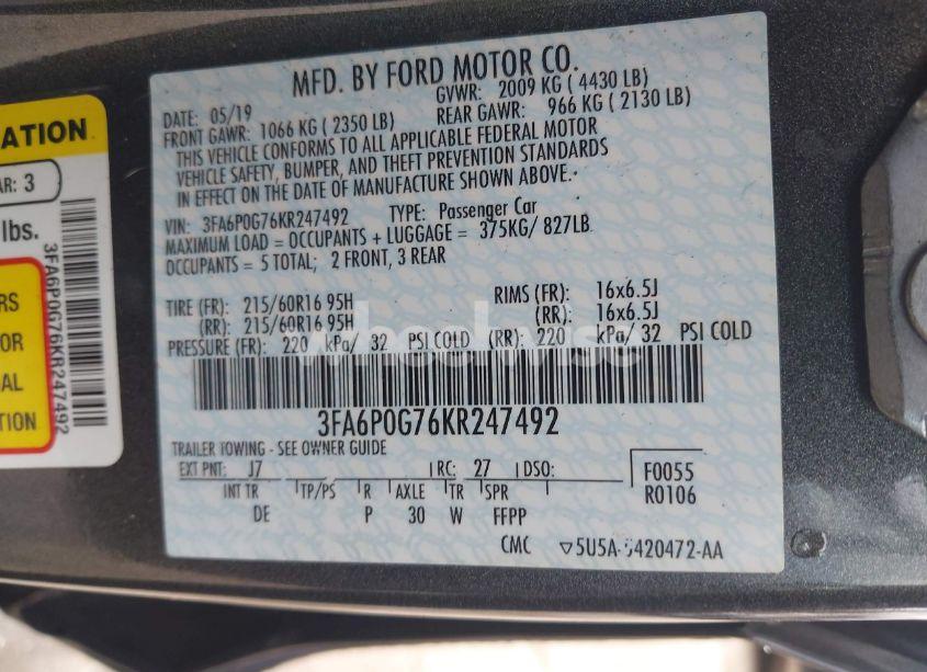 Photo 9 of 2019 Ford Fusion S (VIN 3FA6P0G76KR247492)