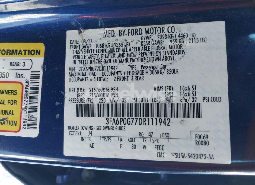 Photo 9 of 2013 Ford Fusion S (VIN 3FA6P0G77DR111942)