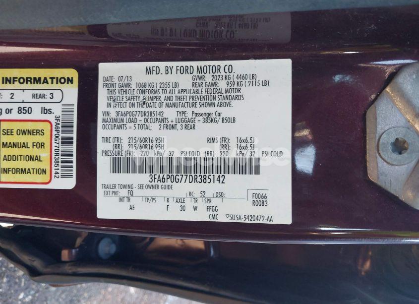 Photo 9 of 2013 Ford Fusion S (VIN 3FA6P0G77DR385142)