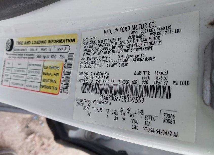 Photo 9 of 2014 Ford Fusion S (VIN 3FA6P0G77ER359559)