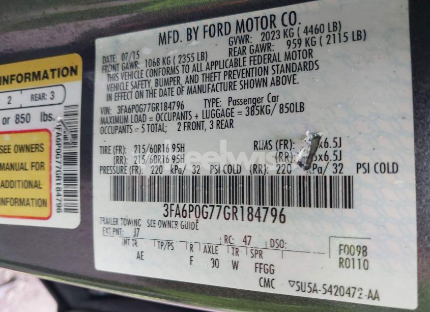 Photo 9 of 2016 Ford Fusion S (VIN 3FA6P0G77GR184796)