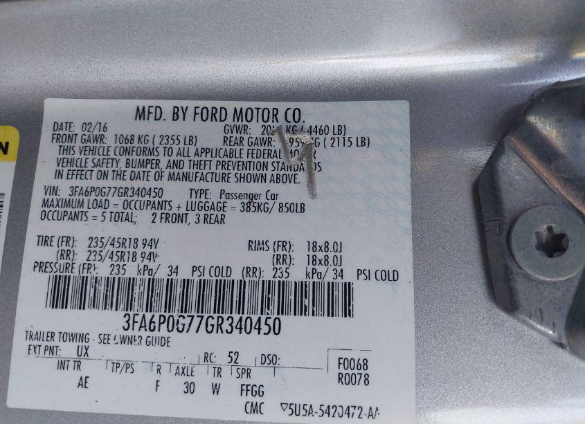 Photo 9 of 2016 Ford Fusion S (VIN 3FA6P0G77GR340450)