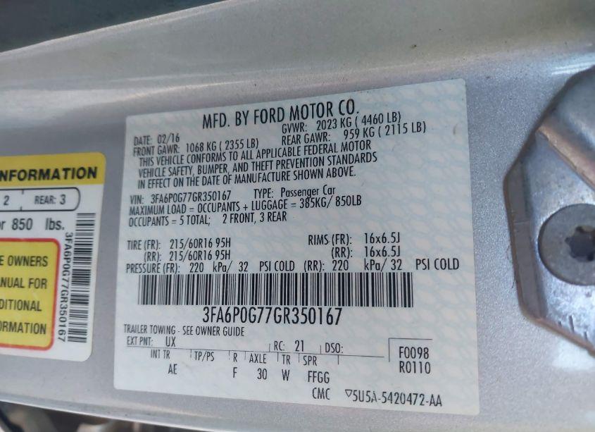 Photo 9 of 2016 Ford Fusion S (VIN 3FA6P0G77GR350167)