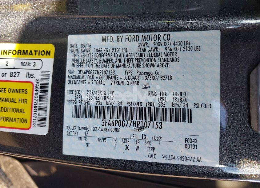 Photo 9 of 2017 Ford Fusion S (VIN 3FA6P0G77HR107153)