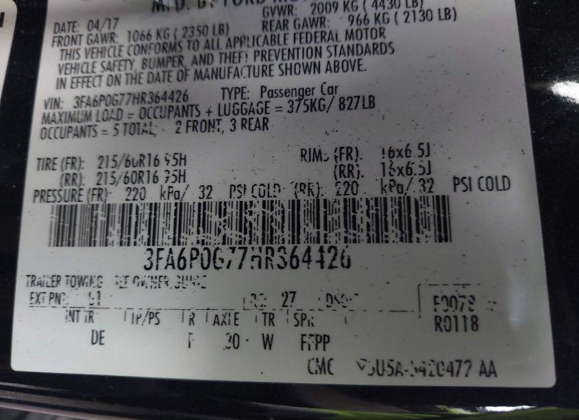 Photo 9 of 2017 Ford Fusion S (VIN 3FA6P0G77HR364426)