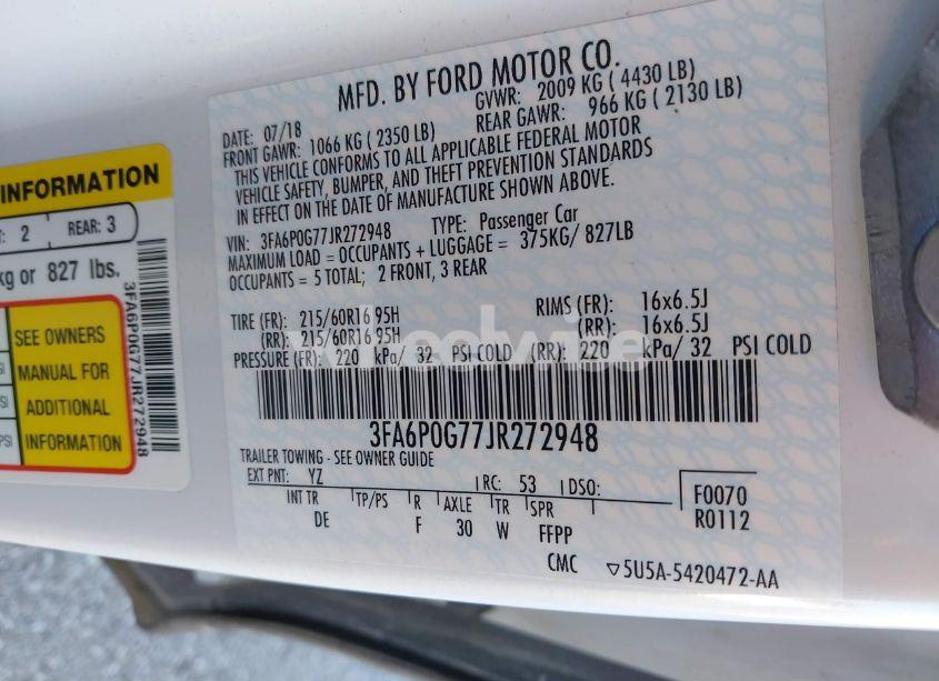 Photo 9 of 2018 Ford Fusion S (VIN 3FA6P0G77JR272948)