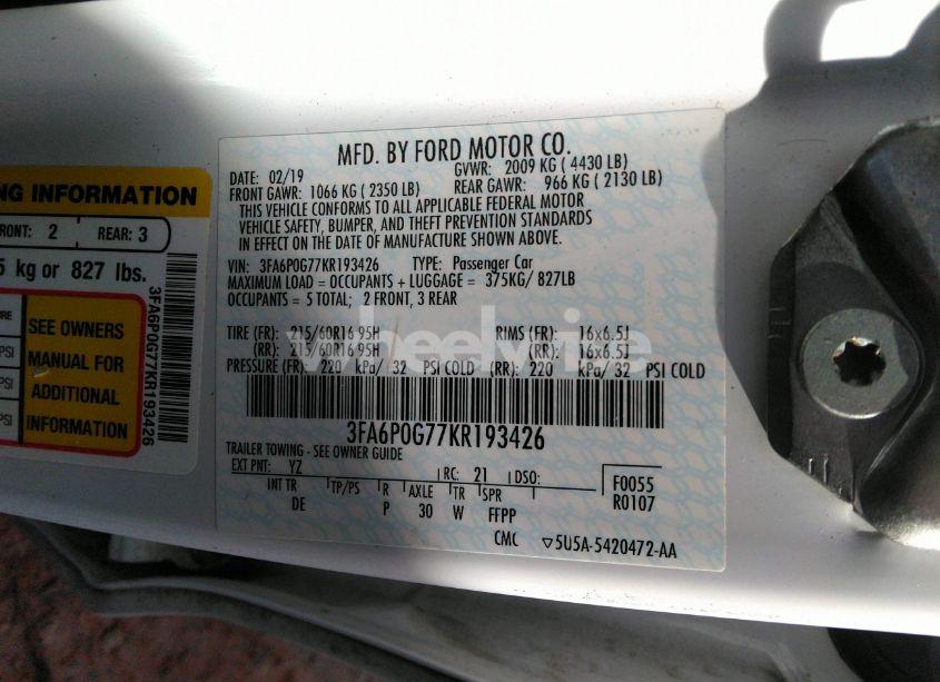 Photo 9 of 2019 Ford Fusion S (VIN 3FA6P0G77KR193426)