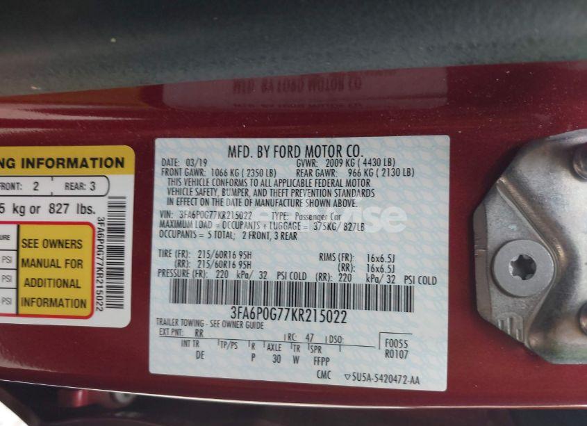 Photo 9 of 2019 Ford Fusion S (VIN 3FA6P0G77KR215022)